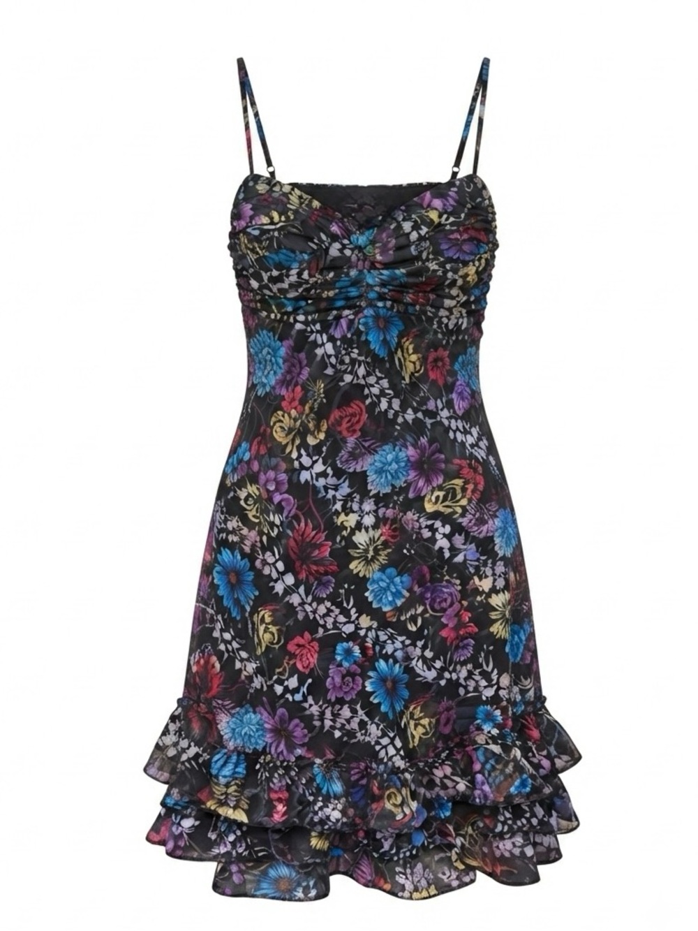 Betsey Johnson Vintage Y2K Silk Floral Ruffles Smocked Tulip Dress Fairy Black 2 - Picture 10 of 16